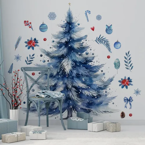 Vista 3 de 59x47 Pulgadas Adhesivos de Árbol de Navidad Azul Grande para Pared, Extraíbles DIY, Adhesivos de Árbol de Navidad Acuarela Gigantes para Baño