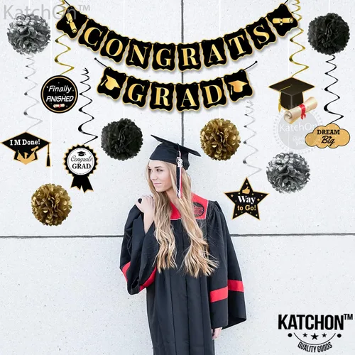 Vista 7 de KatchOn, Decoraciones de fiesta de graduación negras y doradas 2026 – Paquete de 13 Remolinos colgantes de graduación para fiesta de graduación