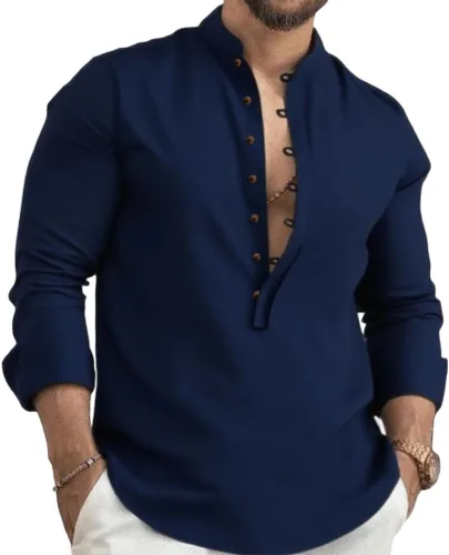 Vista 9 de Kubsid Mens Henley Shirts Casual T Shirt Long Sleeve Banded Collar Button Down Vintage Beach Tops