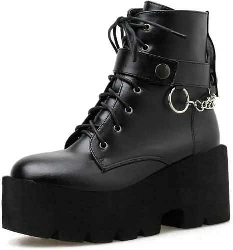 Vista 2 de Caradise Botas góticas de combate punk, con plataforma gótica, tacón grueso, con cordones, para mujer