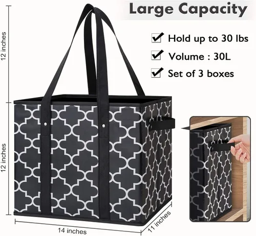 Vista 3 de Bolsas reutilizables para comestibles, paquete de 2 unidades, plegable, lavable, cesta de almacenamiento grande, color negro Contenedores