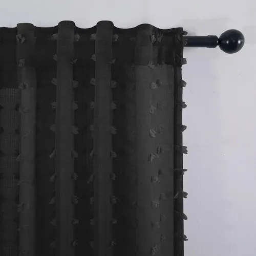 Vista 6 de Cortinas negras KOUFALL de 45 pulgadas de largo para ventana de cocina, cortinas transparentes con pompones y textura de encaje bohemio con bolsillo