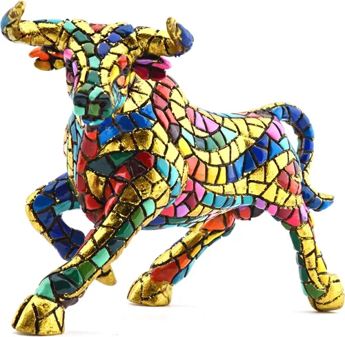 Vista 2 de Figura decorativa Toro en mosaico dorado de resina pintada a mano con la Técnica Modernista TRENCADIS, en estilo Gaudí. 2.6 in x 5.3 in x 3.7 in