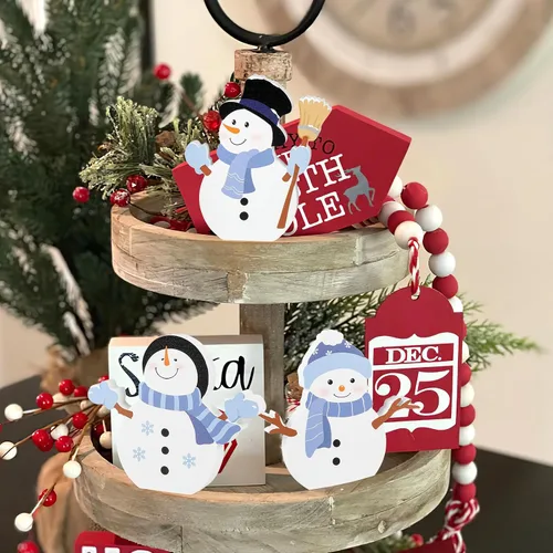 Vista 5 de Decoración de Navidad de muñeco de nieve COCHIE para interiores, lindo juego de decoración de bandeja escalonada de invierno de 3 piezas, bloques
