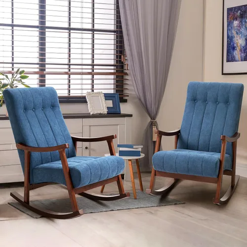 Vista 11 de AVAWING Silla mecedora tapizada con asiento acolchado de tela, cómoda balancín de madera maciza para sala de estar, silla moderna de respaldo alto