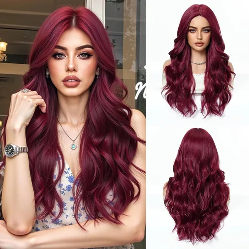 Vista 27 de Esmee Pelucas largas de color castaño rojizo ombré para mujer, peluca de cabello sintético ondulado y rizado natural para uso diario, fiestas