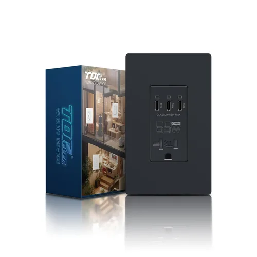 Vista 10 de TOPELER Tomacorriente USB de pared negra, tomacorriente USB de carga ultrarrápida GaN de 65W para laptop, receptáculo resistente a manipulaciones