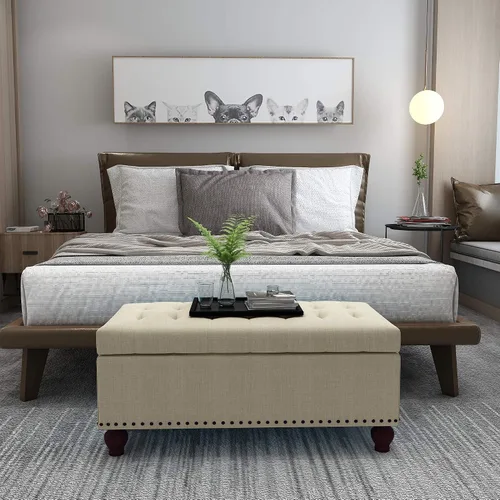 Vista 7 de DecentHome - Banco otomano reposapiés rectangular para almacenamiento, con patas de madera maciza, Tela, Beige