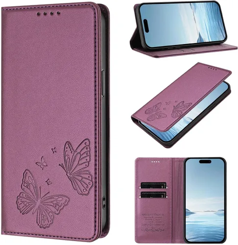 Vista 11 de Butterfly Embossed Leather Wallet Flip Case for Motorola Moto E22i 4G, Magnetic Closure, RFID Blocking Cover, Card Holder Red.