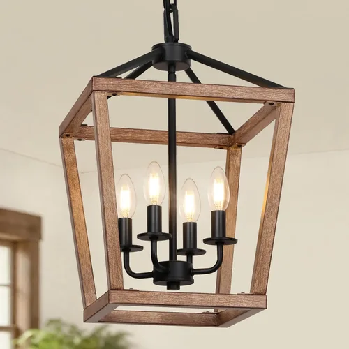 Vista 10 de Lámpara de araña de granja de 4 luces, lámpara de techo rústica tipo linterna con jaula de metal pintado de madera y cadena ajustable, luminaria