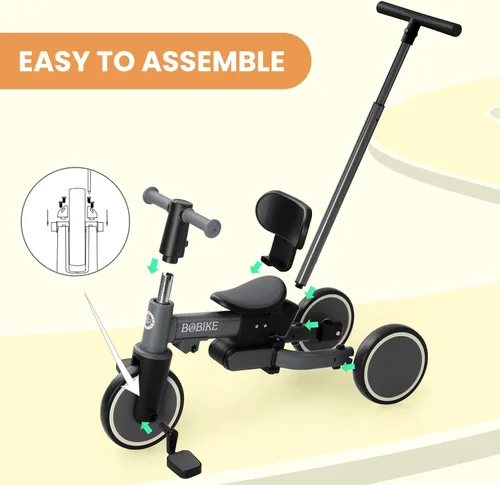 Vista 7 de BoBike Triciclo 5 en 1 para niños pequeños de 18 meses a 5 años, bicicleta para niños con pedales mejorados, mango de empuje para padres, bicicleta
