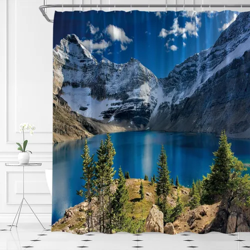 Vista 2 de Cortina de ducha escénica de montaña, naturaleza, montaña, lago, cielo azul, nube, paisaje, simple, tela para el hogar, juego de decoración de baño