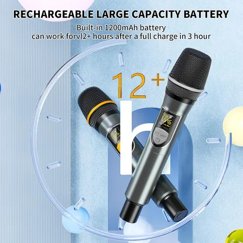 Vista 2 de Micrófonos inalámbricos, micrófonos duales UHF profesionales para karaoke, sistema de micrófono dinámico inalámbrico con receptor recargable, Plug