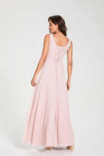 Vista 2 de WaterDress Vestido de dama de honor con cuello en V largo con abertura de gasa acampanado plisado vestidos formales para mujer WD1932P