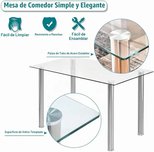 Vista 4 de Juego de mesa de comedor de 5 piezas, mesa superior rectangular de vidrio templado de 43 pulgadas, 4 sillas de cuero con respaldo alto, juego