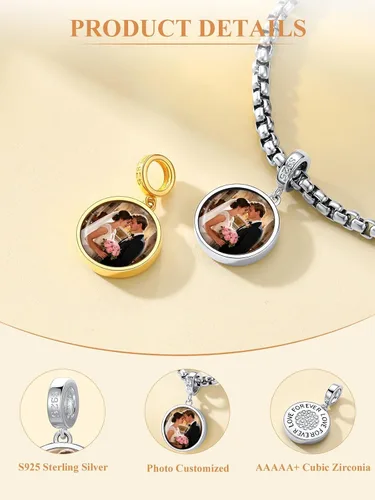 Vista 32 de Custom4U Photo Charms for Bracelets 925 Sterling Silver/Gold Plated Heart/Tree of Life/Round Charm Bead Personalized with Picture Custom