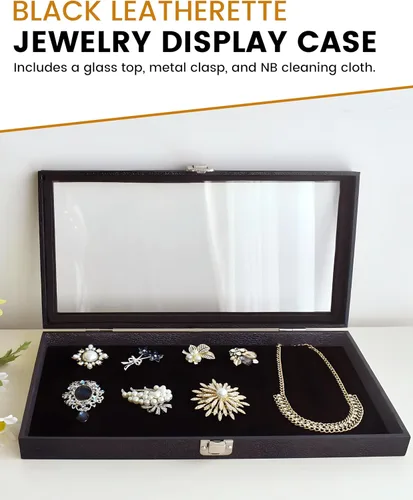 Vista 3 de Novel Box - Caja organizadora de joyas, cuero sintético negro, 6 x 3.75 x 2 pulgadas, caja de joyería de cristal de tamaño pequeño con tapa