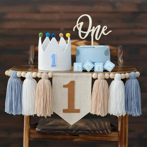 Vista 28 de Cartel para silla alta con texto en inglés «Mr Onederful» de primer Negro Blanco