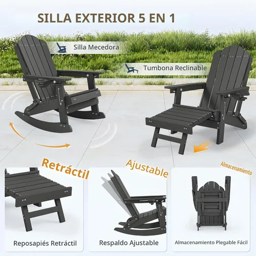 Vista 4 de LUE BONA HDPE 5-in-1 Folding Adirondack Rocking Chair, Black