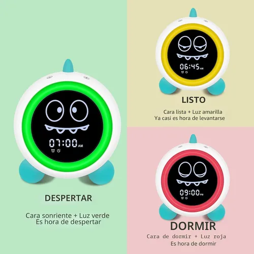 Vista 2 de Reloj despertador para niños, reloj de entrenamiento para dormir con luces nocturnas, máquina de sonido, reloj despertador de dinosaurio para niños