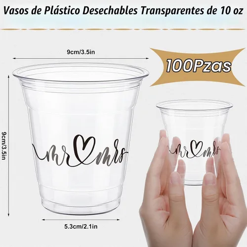 Vista 5 de Dandat - Paquete de 100 vasos de plástico para boda, 10 onzas, Mr and Mrs