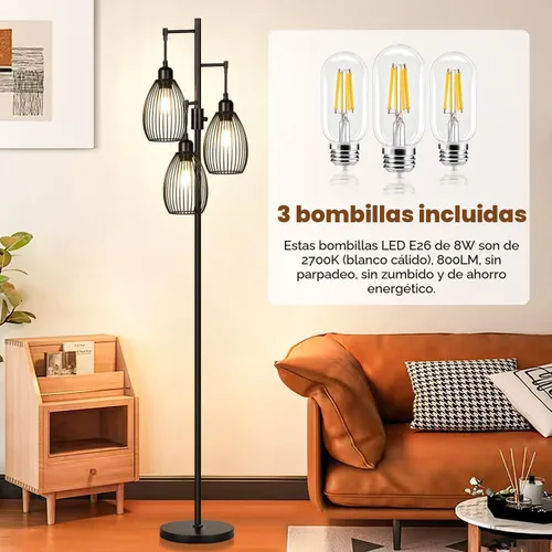 Vista 4 de Lámpara de pie regulable, 3 bombillas LED Edison de 800LM incluidas, lámpara de pie industrial de granja lámpara de árbol de pie con elegante jaula