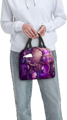 Vista 8 de OOZ Bolsa de almuerzo aislada para mujeres y hombres, atrapasueños con estrellas moradas, reutilizable, a prueba de fugas, linda lonchera