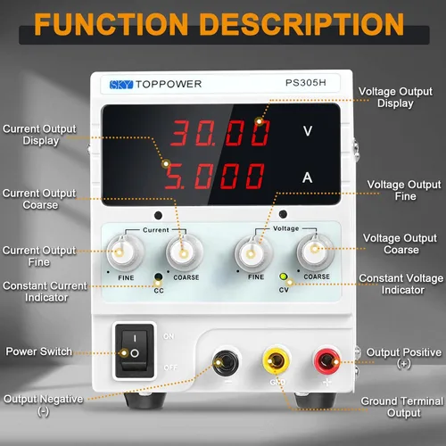 Vista 5 de Fuente de alimentación CC, fuente de alimentación de banco de laboratorio regulada ajustable de 30 V 5 A con pantalla de 4 dígitos, para pruebas