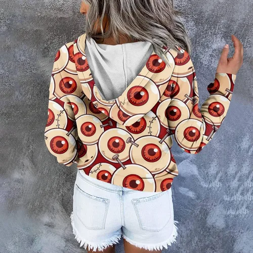 Vista 6 de Sudaderas con capucha de Halloween para mujer, clásicas, de manga larga, con estampado de calabaza, con bolsillos