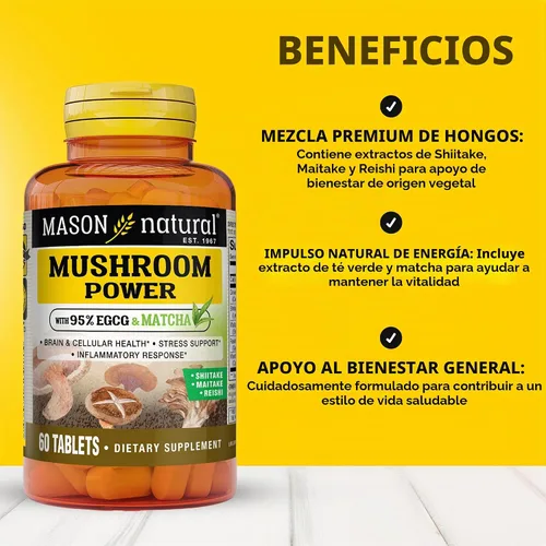 Vista 2 de MASON NATURAL Poder de hongos con 95% de EGCG y Matcha, fórmula a base de plantas con shiitake, maitake, reishi, 60 tabletas