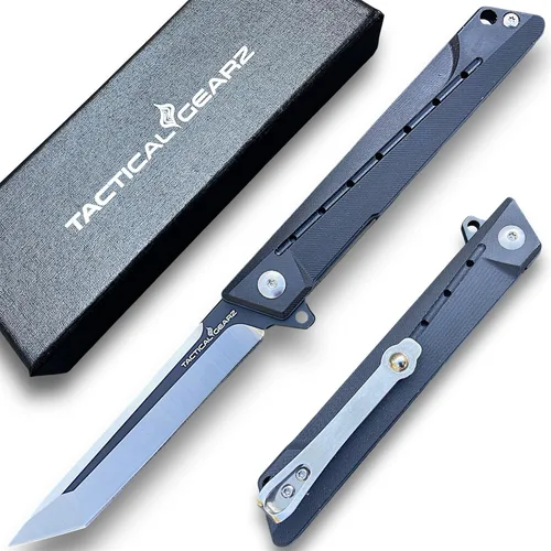 Vista 7 de TACTICAL GEARZ Cuchillo plegable de bolsillo para EDC, mango G10, hoja tanto de acero D2, incluye funda (Nyx)
