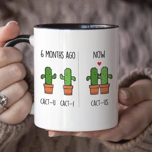 Vista 3 de YouNique Designs Taza de 6 meses, 11 onzas, Divertido 6 Taza de café de meses para novio y novia, Taza de aniversario de citas (mango negro)