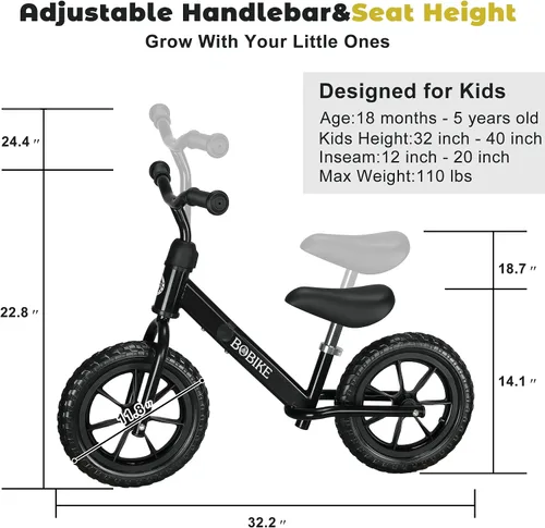 Vista 5 de Bobike Toddler Balance Bike Toys for 2 to 5 Year Old Girls Boys Adjustable Seat and Handlebar No-Pedal Training Bike Best Gifts for Kids
