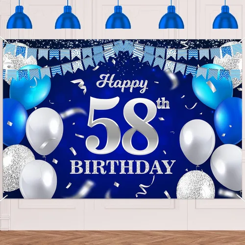 Vista 39 de Bandera de feliz primer cumpleaños con fondo azul marino, globos, confeti, bandera de rayas, luces de puntos, felicitaciones por el tema de 1 año