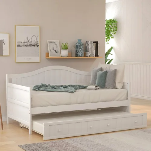 Vista 13 de Polibi Sofá cama extensible, sofá cama de madera con nido y dos cajones, sofá cama convertible con 2 cajones de almacenamiento, se puede ampliar