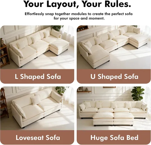 Vista 6 de Sofá seccional, cómodo sofá modular de nube, sofá modular de asiento profundo, sofá moderno en la nube, sofás modulares para sala de estar, Beige