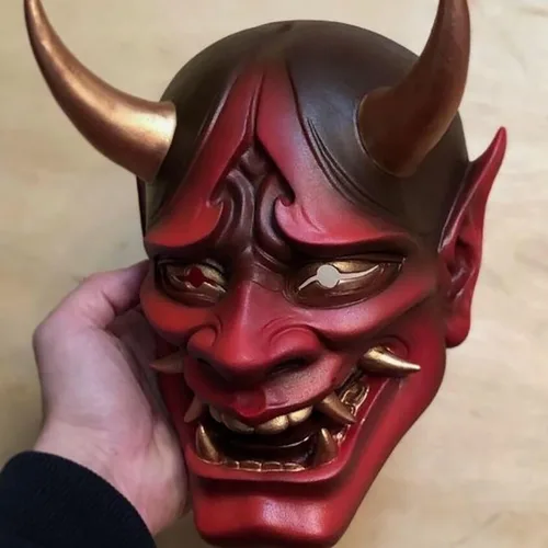 Vista 2 de Máscara de samurai japonés Oni Hannya para Halloween, máscara de demonio de media cara, NOH Kabuki Prajna Devil Half Face Mask Cosplay