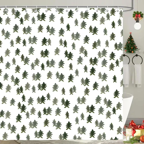 Vista 16 de Cortina de ducha de Feliz Navidad, trineo de Papá Noel, reno, copo de nieve, vacaciones, cuadros rojos y verdes, juego de cortinas de ducha