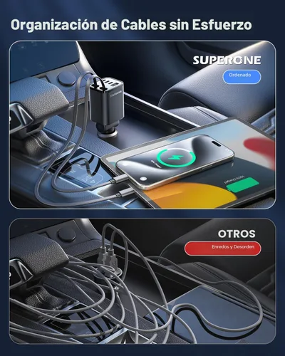 Vista 2 de SUPERONE - Cargador retráctil para automóvil, 99 W, con cables, carga rápida, adaptador USB C para iPhone 17, 16, 15, 14, 13, 12, Samsung, negro