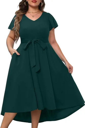 Vista 3 de Vestido largo semiformal para mujer, con mangas altas y bajas, con vuelo, para invitadas de boda, con bolsillos