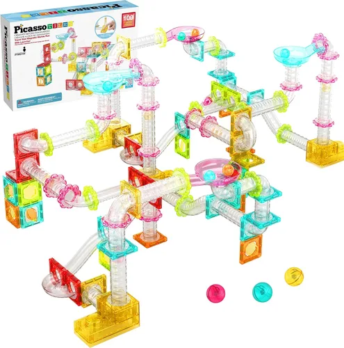Vista 8 de PicassoTiles Carrera de Canicas Juego de 60 piezas, pista de carreras, bloques de construcción magnéticos, juguete educativo, kit de construcción