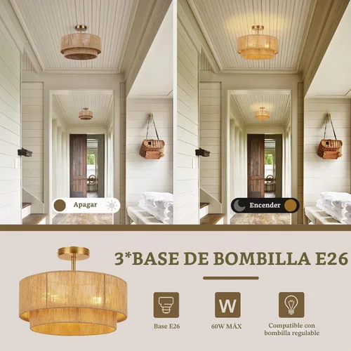 Vista 4 de Lámpara de techo semiempotrada de 16'', accesorios de iluminación bohemios, lámpara de techo empotrada de cuerda de cáñamo costera de 3 luces