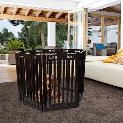 Vista 8 de Arf Pets Puerta independiente para perros con puerta, 6 paneles de valla de madera configurable de 360°, 120 pulgadas de ancho, 31.5 pulgadas