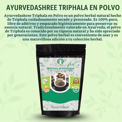 Vista 3 de AYURVEDASHREE Triphala Polvo 200 Gm Combinación de Amla, Haritaki y Bibhitaki Sin OGM Vegano.