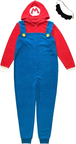 Vista 6 de Super Mario Bros. Disfraz de Mario de microforro polar de una pieza para hombre, traje de pijama de una pieza, Rojo