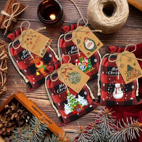 Vista 5 de Aviski 36 unidades de bolsas de regalo de Navidad con cordón de algodón, diseño a cuadros de búfalo, bolsas de dulces de Navidad, bolsas de regalo