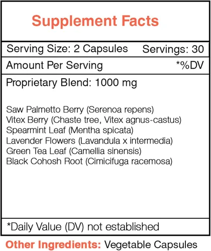 Vista 3 de Secrets of the Tribe Hirsu Secret 60 cápsulas, 1000 mg, palma enana americana, cohosh negro, Vitex, menta verde, lavanda, té verde. Vello facial