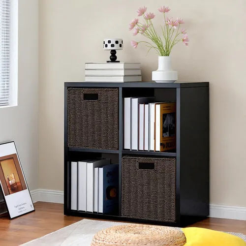 Vista 10 de Organizador de almacenamiento vertical de 2 cubos de metal, estantería corta negra con espalda abierta, estante de almacenamiento de cubo pequeño