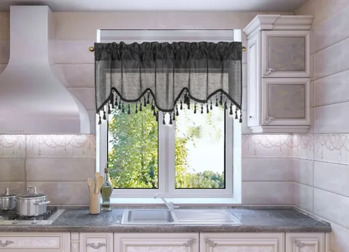 Vista 3 de Cenefa de cortina de ventana de cascada de seda sintética sólida con flecos de 55 x 18 pulgadas, ondulado (1, negro)