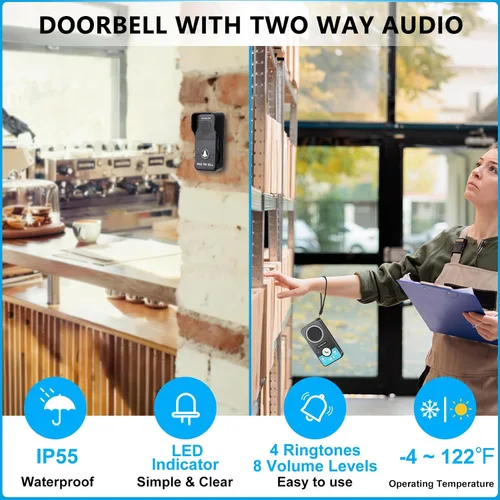Vista 7 de Timbre inalámbrico con altavoz de audio de 2 vías, timbre de puerta de conversación natural manos libres, rango de 1300 pies, volumen de 8 niveles